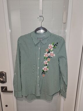 Green Stripe Button-Up Shirt with Floral Embroidery